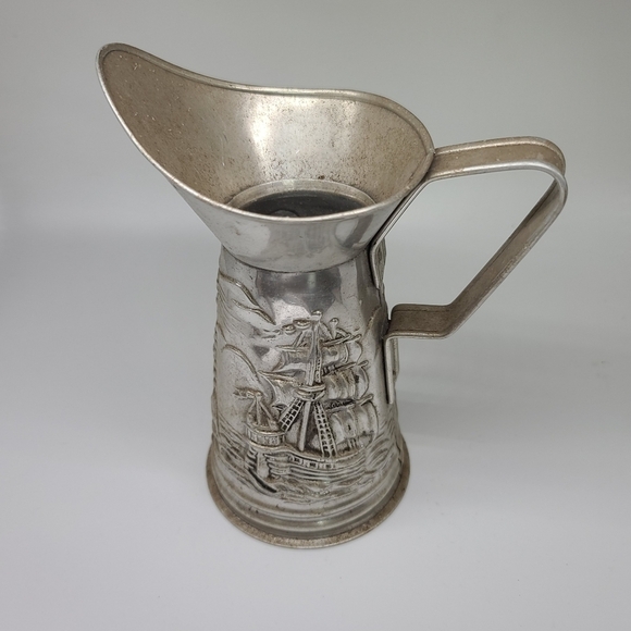 Vintage Tin Pitcher Embossed With Ship Print - Picture 1 of 2